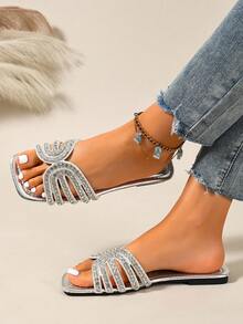 New Spring/Summer Fashion Casual Strap Slide Sandals, Comfortable Flat Heel Round Toe Beach Slippers, Versatile Minimalist Slip-On Sandals For Women - Silver - View 6