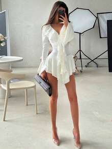 Vestido otoño invierno unicolor cuello V manga abullonada con volantes cintura ajustada elegante moda estilo europeo sofisticado para mujer - Blanco - Ver 8