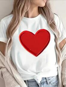 Soft, 100% Cotton Short-Sleeve T-Shirt With A Red Heart Design. Lightweight And Durable, Perfect For Casual Wear At Home, Cafes, Or Outdoors. Comfortable Fit For Everyday Wear. Breathable Cotton T-Shirt That Goes With Everything. - 白色 - 查看 8