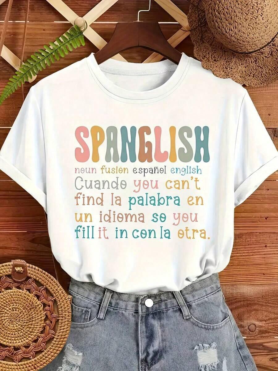 Camia casual de cuello redondo para mujer con estampado gráfico en español, manga corta para verano, tejido de 100%, corte regular, moderna y cómoda Adecuado como regalo. playera de mujer. blusas>elegantes. boho chic,Top de mujer suave, transpirable y cómodo, ideal para primavera, verano y otoño, perfecto para vacaciones, viajes y uso diario. Adecuado como regalo. playera de mujer. blusas>elegantes. boho chic,Top de mujer suave, transpirable y cómodo, ideal para primavera, verano y otoño, perfecto para vacaciones, viajes y uso diario. - Blanco - Ver 1