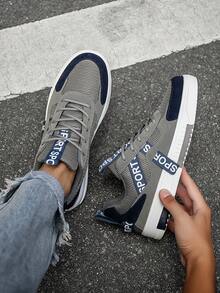 Sepatu Sneakers Kasual Low-Top Gaya Jalanan Pria dengan Motif Acak yang Dipersonalisasi, Sepatu Santai Luar Ruangan Retro Minimalis Patchwork untuk Remaja, Cocok untuk Semua Musim - abu-abu biru - View 7