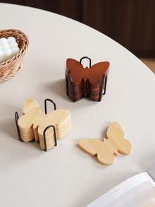 6pcs Butterfly Wooden Coaster Set: Natural Wood Butterfly-Shaped Coasters With A Black Metal Storage Rack. - Multicolor - View 4