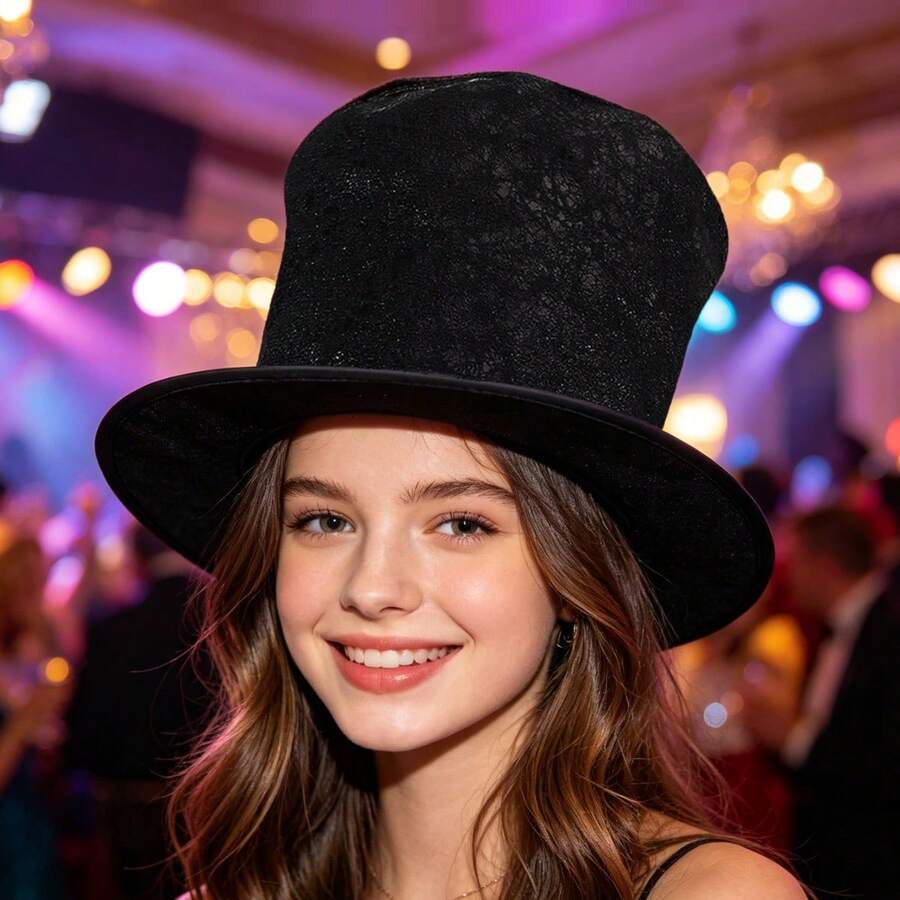 Velvet Vintage Dramatic All Seasons Top Hat, Distressed Texture, Relaxed Fit, Perfect For Themed Party, Halloween Cosplay, Stage Performance - Black - View 1