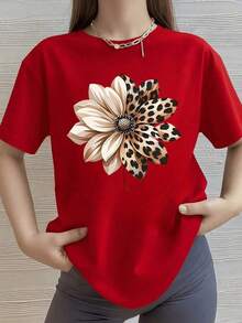Women's White T-Shirt With Floral And Leopard Print, Short Sleeve Crew Neck Soft Casual Chic Style Animal Print Summer Fashion 2026 Blouses Pretty 100% Cotton - 紅色的 - 查看 6