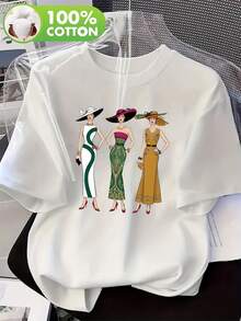 Camiseta Elegante de Arte Vintage con Estampado de Letras, Manga Corta 100% Algodón para Mujer, Cuello Redondo Esencial para Primavera y Verano 12289 - Blanco - Ver 2