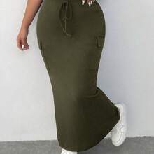Plus Size Women's Casual High Waist Belted White Cargo Midi Skirt - Café integral - Ver 5