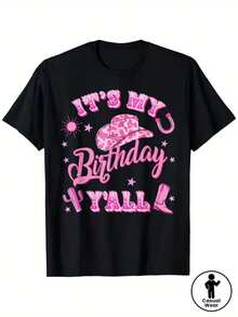 Retro Cowboy/Cowgirl Style Birthday T-Shirt For Men And Women - Super Soft, 220 G/M² Heavyweight Graphic Print "Howdy It's My Birthday" With Cowboy Hat And Cactus, Pink Vintage Print, Unisex Crew Neck T-Shirt For Western Theme Parties And Casual Wear. - 黑色 - 查看 2
