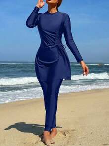 Swim  Set de 2 piezas de burkini para mujer, top tipo camiseta de unicolor con cordón y pantalones, ropa de baño árabe para playa de verano - Azul marino - Ver 7