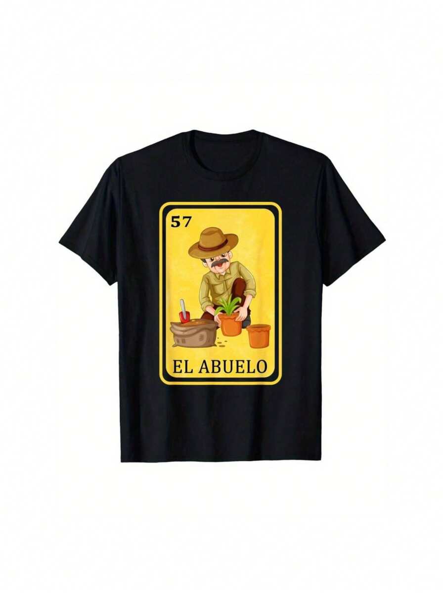 Magliette estive da uomo in stile ispano-messicano con divertente grafica, 100% cotone, girocollo nero con stampa "el abuelo". - nero - Visualizzare 1