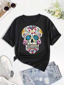Solt Camisetas Ligeras con Estampado Gráfico para Mujer, Diseño de Calavera de Azúcar para el Día de los Muertos - Diseño vibrante mexicano del Día de los Muertos, top casual de manga corta y cuello redondo semitransparente, lavable a máquina para comodidad en todas las estaciones, camiseta con estampado de calavera, atuendo festivo, tela ligera, 100% algodón, una opción popular. gráfico - Negro - Ver 3