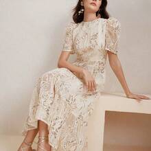 Women Elegant Floral Lace Patchwork Sequins Rope Embroidered Round Neck Short Sleeve Dress - Blanco - Ver 2