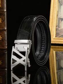 Men's PU Automatic Ratchet Buckle Belt, Crocodile Embossed Hollow Letter Buckle, Adjustable Business Casual Belt, Suitable For Men's Jeans, Suits, Formal Wear, Daily Outfits - Multicolor - View 17