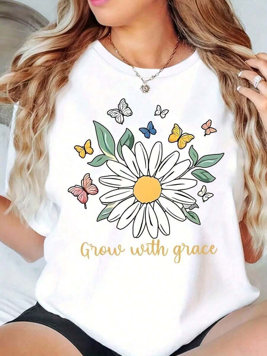 Women's Crew Neck T-Shirt With Daisy And Butterfly Print, 'Grow With Grace' Text, Casual Summer Graphic Top, 220g - 白色 - 查看 1