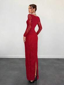 Vestido negro ajustado hasta el suelo con cuello corsé ahuecado y mangas largas con encaje en forma de S sexy para mujer para fiestas, citas y banquetes de otoño/invierno nuevo - Burdeos 2 - Ver 2
