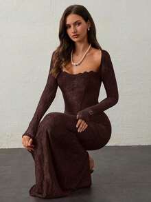 Vestido negro ajustado hasta el suelo con cuello corsé ahuecado y mangas largas con encaje en forma de S sexy para mujer para fiestas, citas y banquetes de otoño/invierno nuevo - Marrón Chocolate - Ver 5