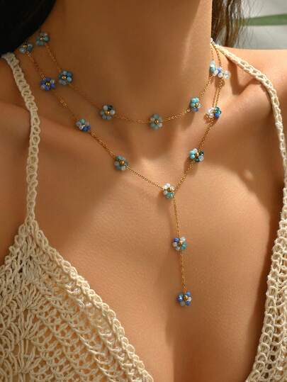 2pcs Cute Blue Flower Pendant Necklace, Stainless Steel Women's Collarbone Chain And Y-Shaped Necklace, Blue Gradient-Colored Crystal Floral Design Necklace, Suitable For Women's Daily Wear Party Wear Or Summer Beach Wear, Perfect Gift