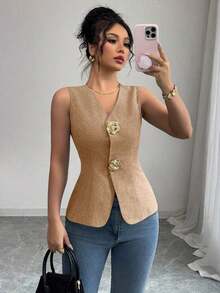 Blusa exterior con cuello en V ajustada con decoración de botones dorados con rosas - Naranja - Ver 5