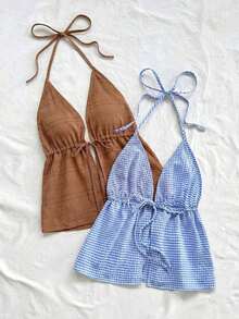 2 piezas Camiseta sin espalda con escote en V y tirantes con estampado de leopardo sexy, adecuada para vacaciones, citas, té de la tarde, vacaciones, festivales de música, estilo bohemio - Café integral - Ver 3