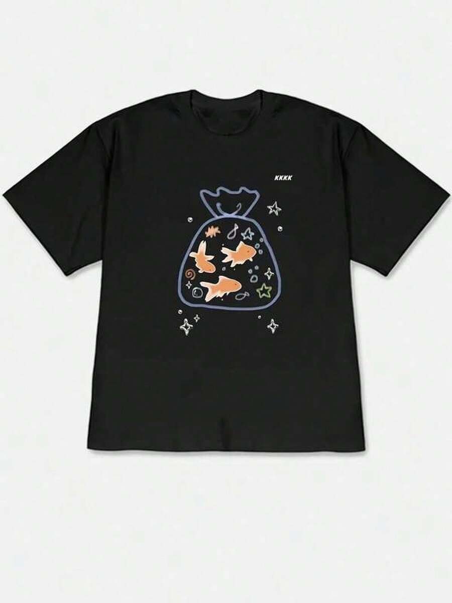 1 pieza Camiseta de manga corta de cuello redondo holgada unisex de 180g, 100% algodón puro transpirable y suave, estilo Y2K Bababask con estampado gráfico moderno, ideal para mujer y hombre, perfecta para uso diario, festivales, conciertos y todas las estaciones - Negro - Ver 1