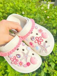20 Stücke/Set Rosa Ozean Serie DIY Perlen Kette Schuh Blumen, Seestern, Blume, Strass Dekoration für Sandalen, Strandschuhe, Gartenschuhe, Pantoffeln, Urlaubsgeschenk - Pink - Übersicht 4
