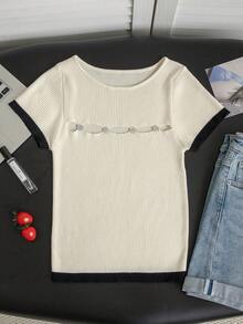 Colorblock Crew Neck Knit Top, Fitted Hollow Out Design Short Sleeve T-Shirt, Minimalist Colorblock Hollow Knit Short Sleeve Top For Summer, Fitted Crop Sexy Top - Apricot - View 7