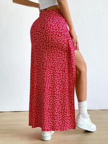 Falda larga con diseño floral pequeño y abertura en el dobladillo - Rojo - Ver 2