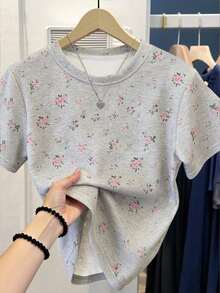 Blusa con estampado de flores, camiseta gráfica, ropa de verano, top para mujer, conjunto para hermana, actual, blusas y camisas de moda, camiseta estética, regalo para hermana, regalo para mamá, top de moda minimalista casual - Gris - Ver 1