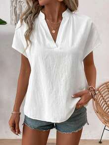 Camisa casual de mujer de unicolor con cuello en V y manga corta - Blanco - Ver 7