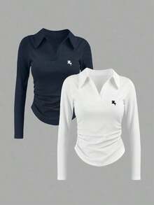 Camiseta blanca de manga larga para mujer con estampado de cerezas rojas dulces, cuello polo, cintura ajustada.Perfecta para el otoño.Nuevo estilo, camiseta de moda.Regalo para vacaciones, regalo para hermanos, regalo para hermana, regalo para mamá, regalo para el Día de la Madre.Informal, minimalista, top con estilo. - azul real - Ver 10