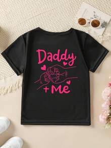 1 Piece Girls' Short Sleeve T-Shirt, Summer Style, With "Daddy + Me" Cartoon Print With Fist And Heart, Double-Sided Print, Versatile Casual Top NY-DX4322180g 100% Cotton - 黑色 - 查看 3