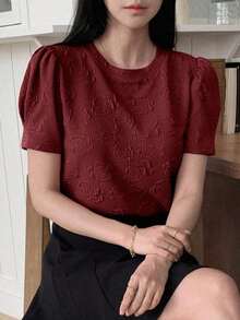 Blusa de mujer de manga corta y cuello redondo, camiseta de verano - Burdeos - Ver 6
