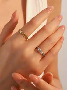 3 piezas Anillos acanalados con diseño cruzado - Chapado en oro de 18K/Acero inoxidable 304, Diseño triple cruzado y acanalado, Minimalista elegante, Antidecoloración y antialérgico, Adecuado para uso diario, Apilable, Regalo - Dorado - Ver 2