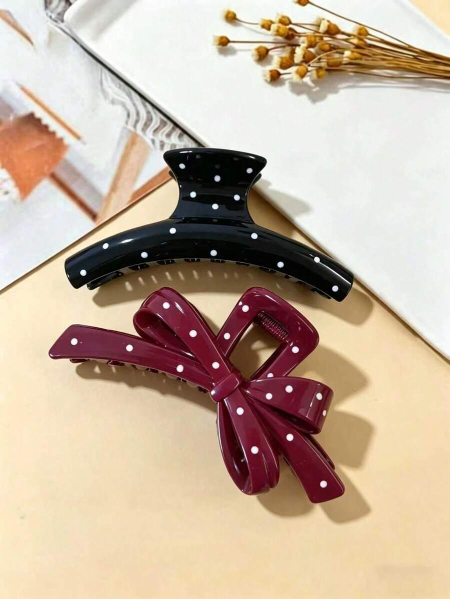两件套波点发夹,复古黑红蝴蝶结设计,甜美优雅的爪夹,适合半马尾/丸子头,日常及派对发饰皆宜,防滑大号发夹,适合浓密头发 - 彩色 - 查看 1