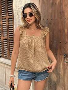 Blusa de mujer con cuello cuadrado y mangas cortas con estampado de lunares - Marrón - Ver 6