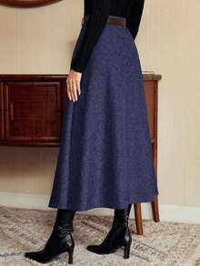 DECDS Falda elegante vintage para mujer con bolsillos y cinturón a cuadros, falda casual de vacaciones, falda gris de otoño, invierno y Navidad, falda para invitada de boda - Azul marino - Ver 5