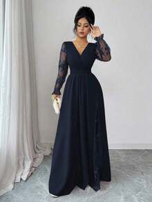 Vestido elegante de mujer con cuello en V profundo, parche de encaje, manga larga y abertura alta, adecuado para graduación, vacaciones, Día de San Valentín, festivales de música, Día de la Madre, Acción de Gracias, Pascua, Día Nacional, bailes, citas, fiestas, bodas, actividades al aire libre, primavera/verano - Azul marino - Ver 7