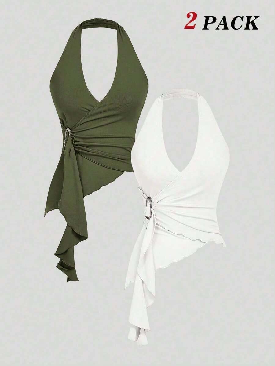 2 piezas Parte superior de tirantes casual con hebilla metálica anudada y bajo asimétrico ajustado, ropa de mujer para Navidad, Año Nuevo, fiesta, Acción de Gracias, blanco, salir, vacaciones - Verde militar - Ver 1
