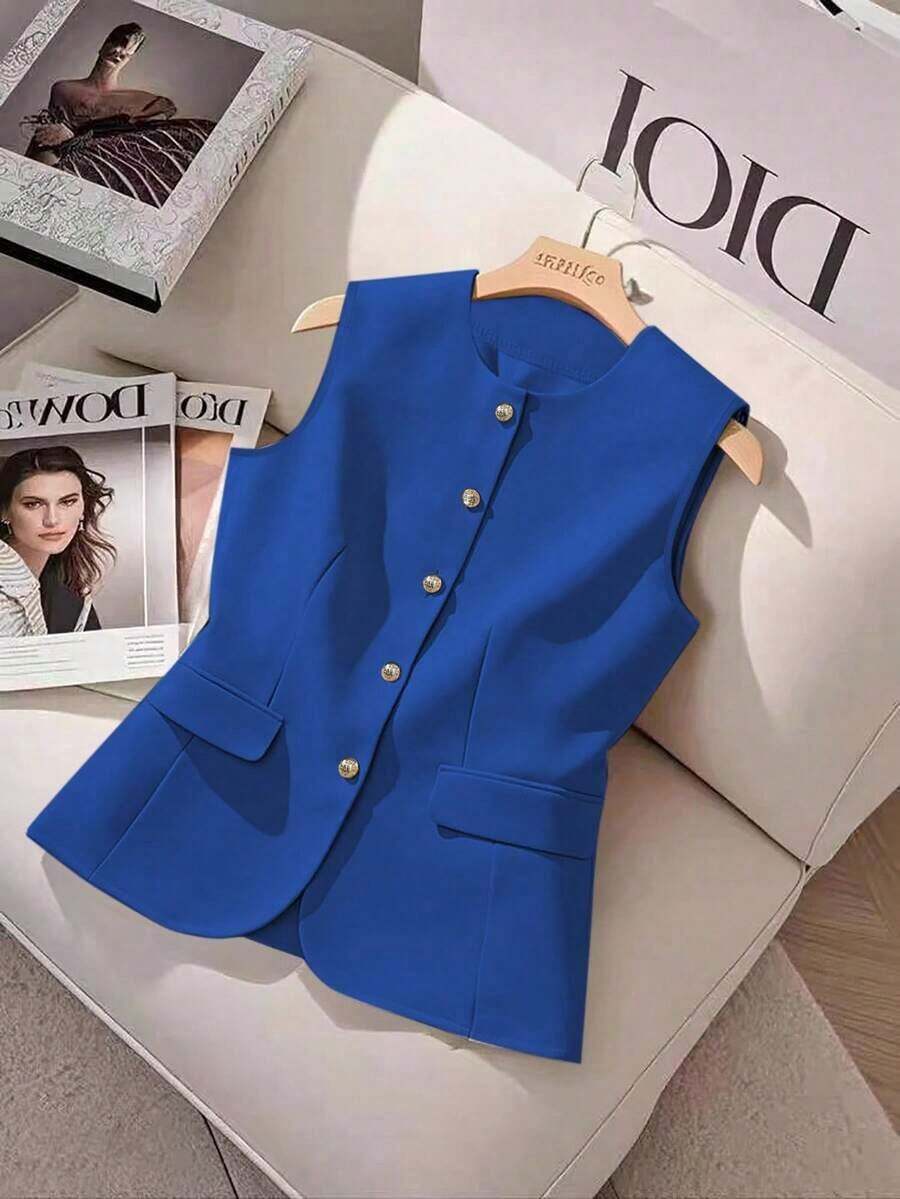 Camisa sin mangas de unicolor y estilo minimalista con botones para mujer - Azul - Ver 1