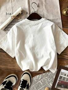 Women's Casual White Graphic Print Short-Sleeve T-Shirt With A Round Neck And Dropped Shoulders, Made Of Loose-Fitting Knit Fabric For Everyday Wear, Cute And Comfortable Style. AUUF - 白色的 - 查看 4