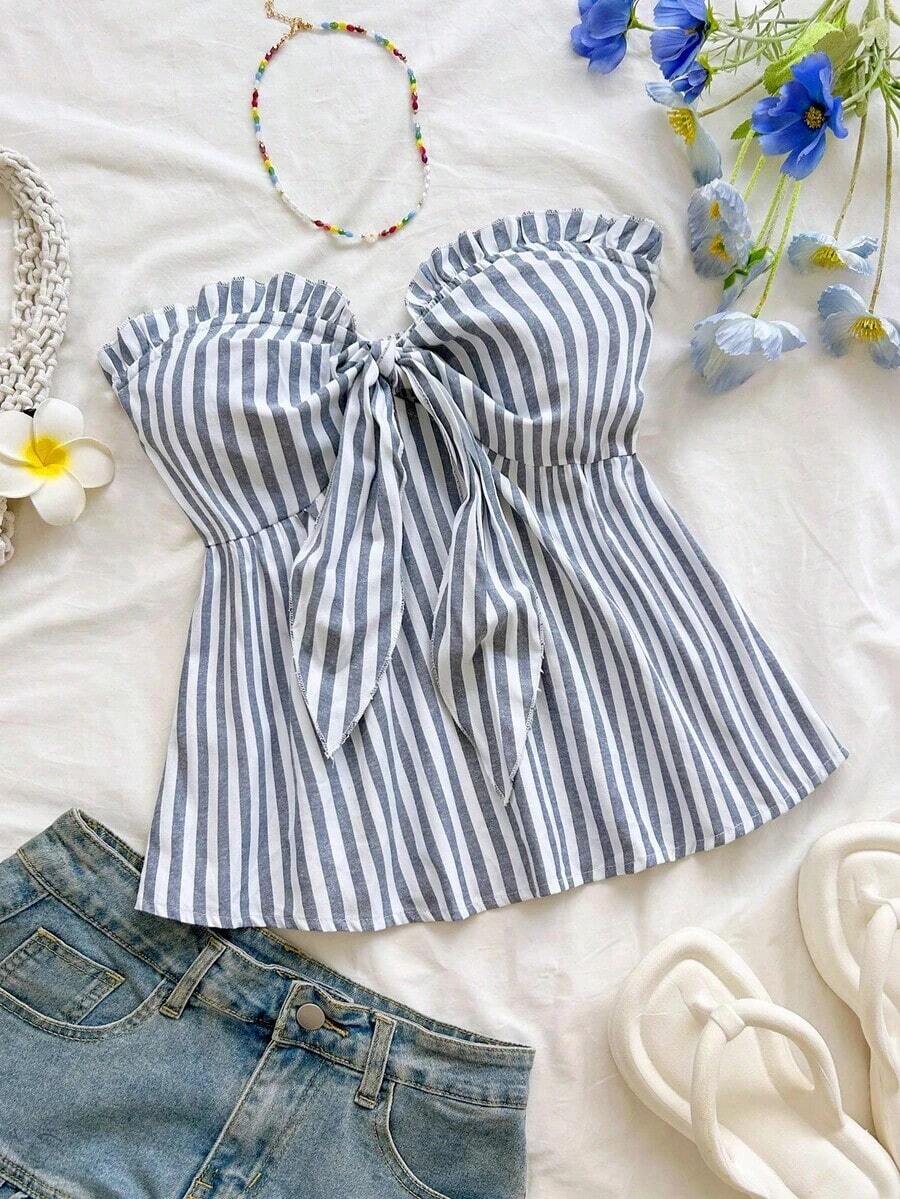 Top tubo con volantes y nudo delantero con estampado de rayas y bloques de color para vacaciones de verano en la playa de mujer - Gris - Ver 1