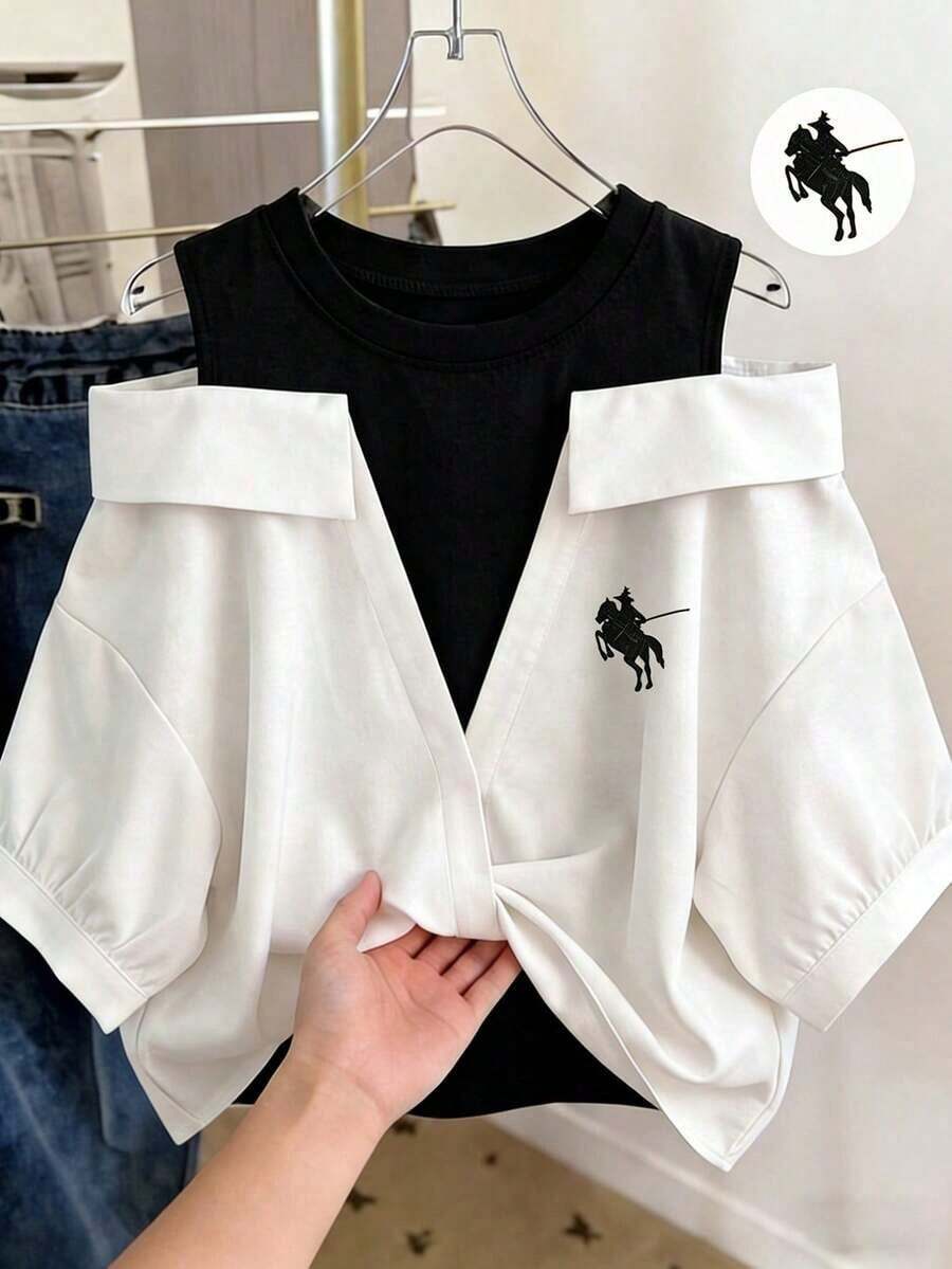 Conjunto de vacaciones para mujer con camisa a rayas de dos piezas falsa - Multicolor - Ver 1