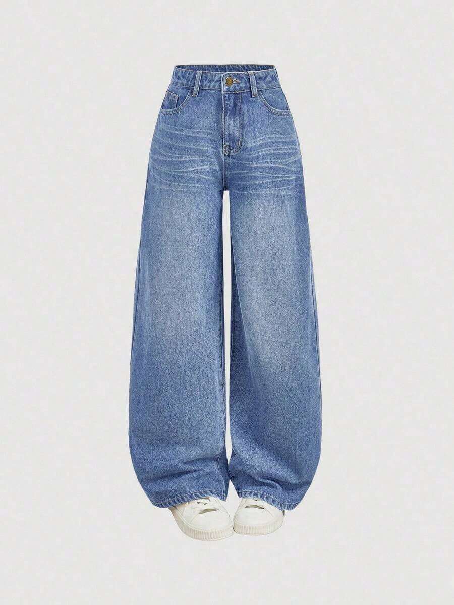 Girlism Pantalones vaqueros anchos y holgados estilo vintage Y2K, pantalones de mezclilla de pierna ancha, ropa de calle Harajuku , estilo retro de los años 2000, para adolescentes, primavera y vuelta al colegio - Azul lavado medio 2 - Ver 1