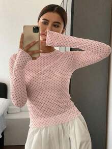 Blusa de manga larga de cuello redondo, ajuste delgado, con estampado de lunares, ropa de otoño para mujer - Rosa Pálido - Ver 2