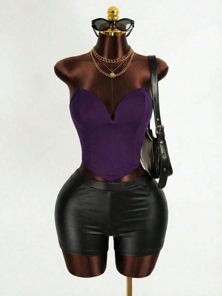 Top Sin Tirantes De Color Sólido Para Mujer - Morado - Ver 1