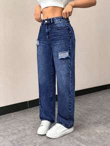 Jeans rectos de talle alto con bolsillos, ajustados y desgastados para mujer - Azul lavado oscuro - Ver 3