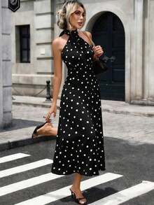 Vestido elegante y sexy con estampado de lunares, espalda descubierta y cuello con lazo, adecuado para fiestas y vacaciones - Negro - Ver 3