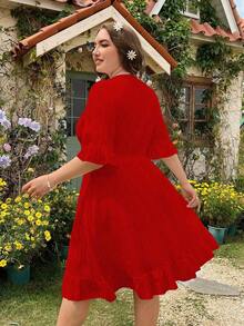 MOOSTA Vestido diario de talla grande para mujer de unicolor y escote en V, para el Año Nuevo, vacaciones y playa - Rojo - Ver 2