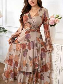 Reflora Nuevo vestido largo de mujer de talla grande con estampado floral, volantes en el bajo, cintura ceñida y alta elasticidad, vestido de otoño, vestido con volantes, vestido floral - Multicolor 3 - Ver 4