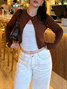Nuevo cárdigan de punto para mujer de primavera/verano, estilo minimalista casual, cuello redondo de manga larga, diseño de botones de seta, cárdigan blanco abierto, adecuado para uso casual diario, ir al trabajo, salir, citas de vacaciones - Amarillo Mostaza - Ver 9