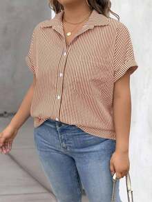 Vionelle Blusa casual de talla grande para mujer con estampado de rayas azul y blanco, de manga corta y abotonada, para el verano - Caqui - Ver 6
